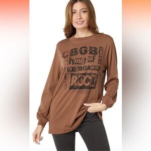 $68 Chaser neutral brown graphic rock and roll long sleeve tunic shirt S small